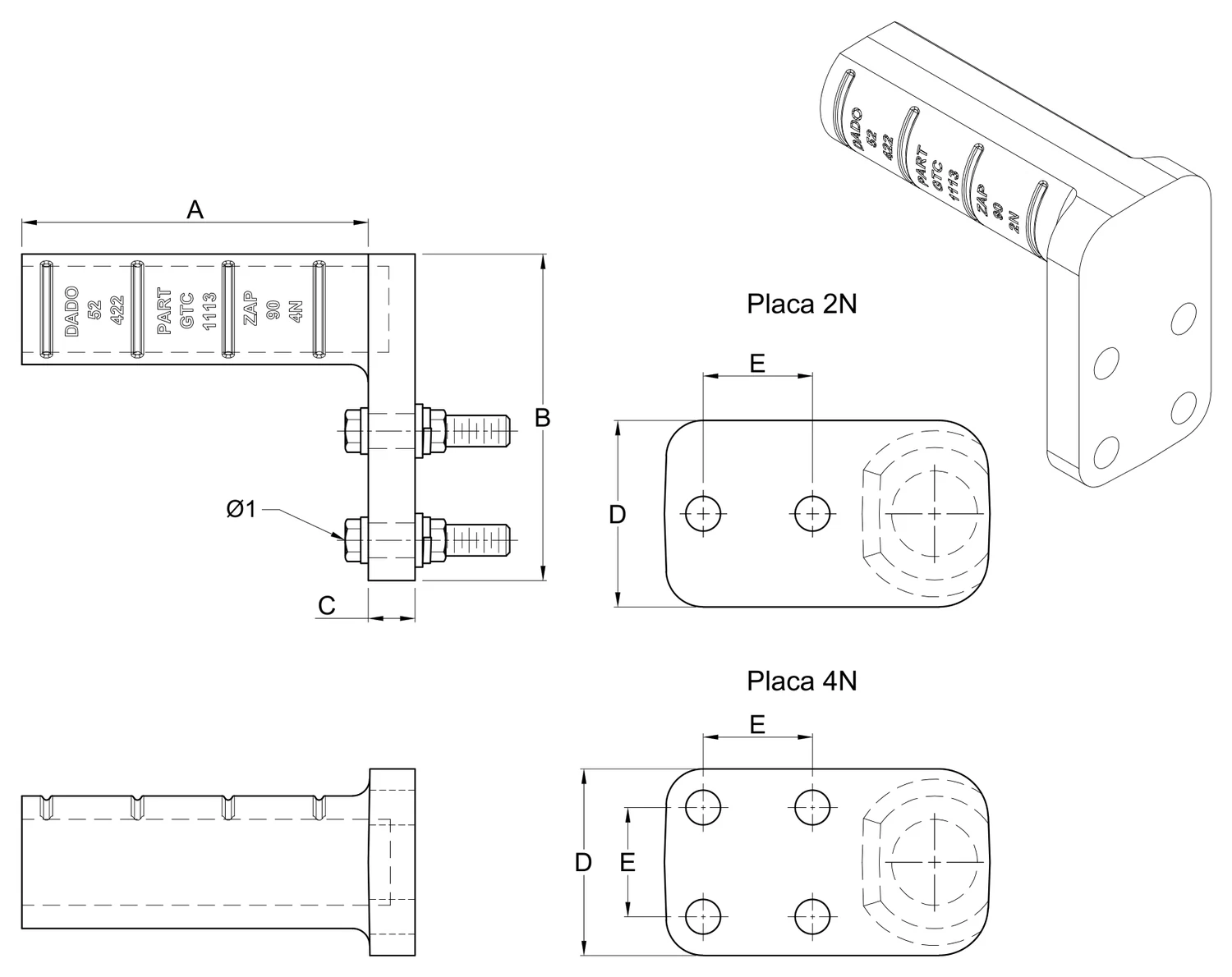 Plano 2D — Conector zapata terminal a compresión cable 477-795-1113 ACSR a 90° placa 2N o 4N