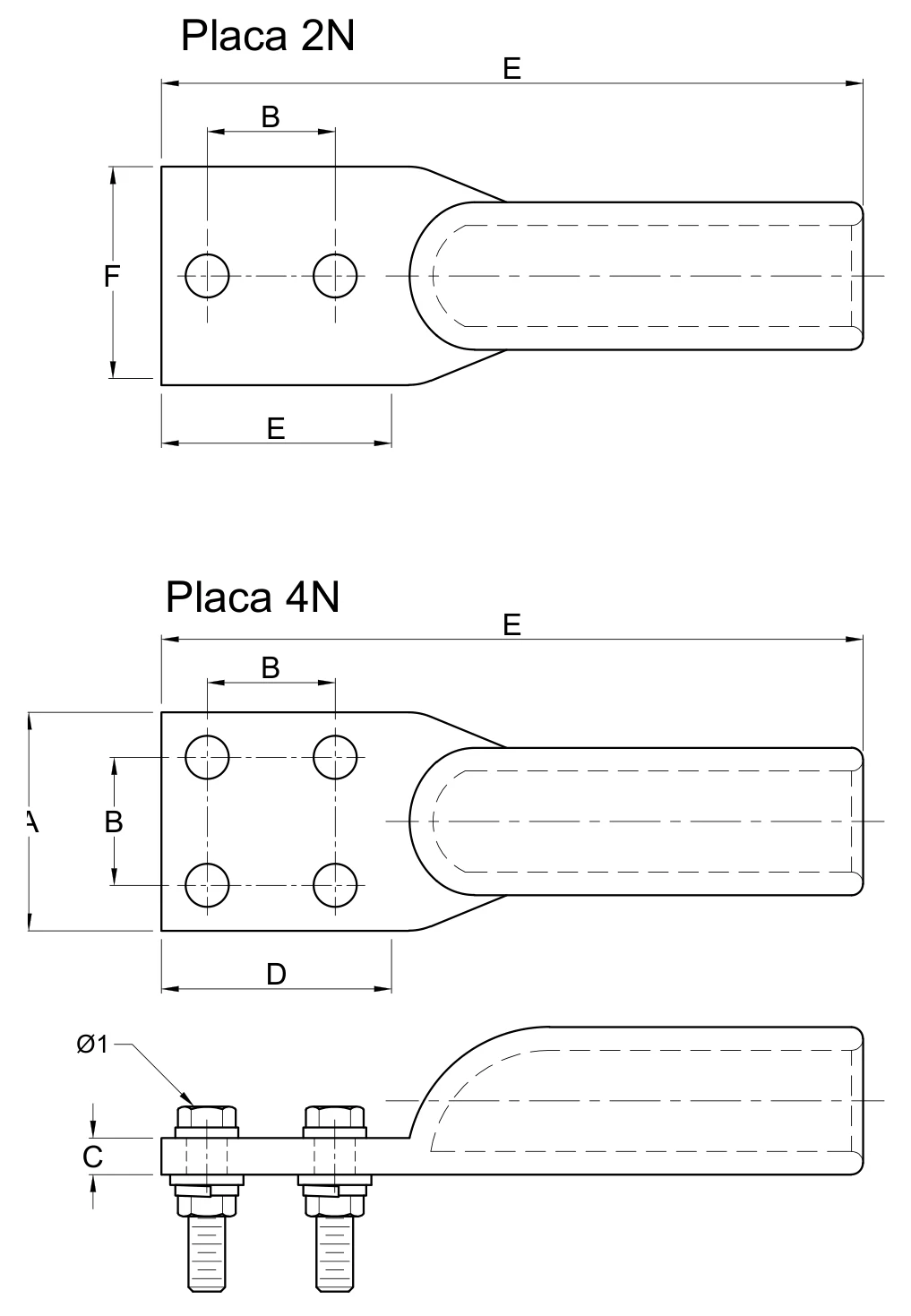 Plano 2D — Conector zapata terminal a compresión, cable 477-795-1113, placa 2N o 4N