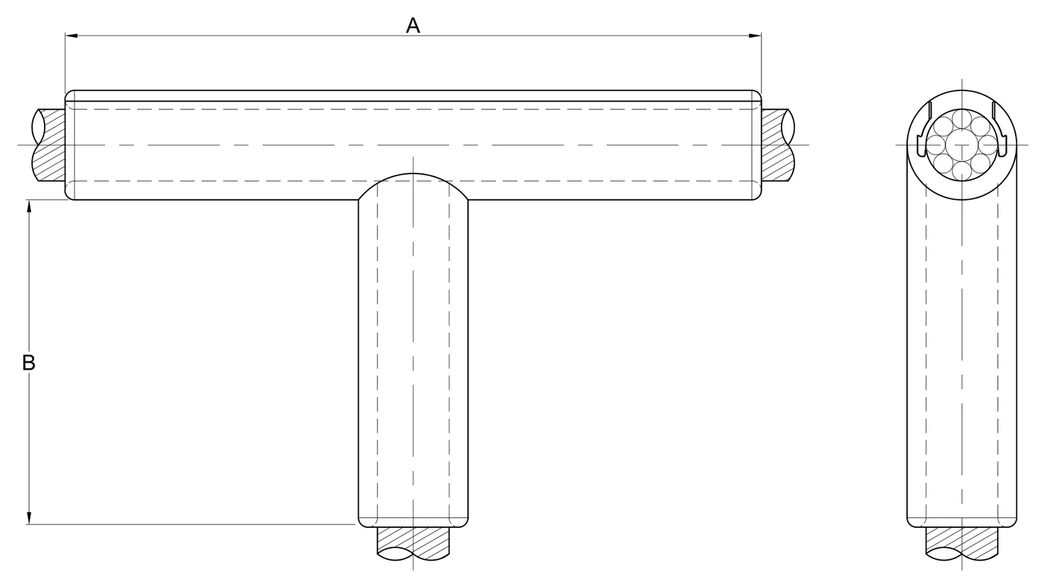 Plano 2D — Conector "T" cable-cable 477-795-900-1113 ACSR/AS a compresión tubular extruido y tapa deslizable