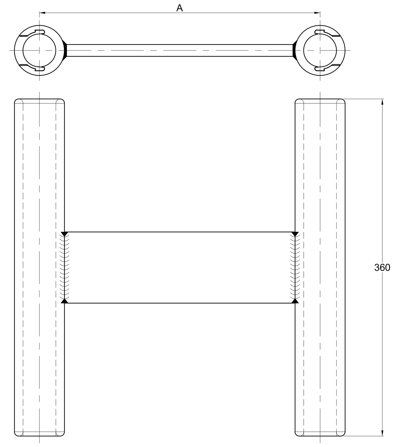 Plano 2D — Conector separador a compresión dos cables 1113 ACSR/AS separación de conductores 200 o 450 mm tapa deslizable