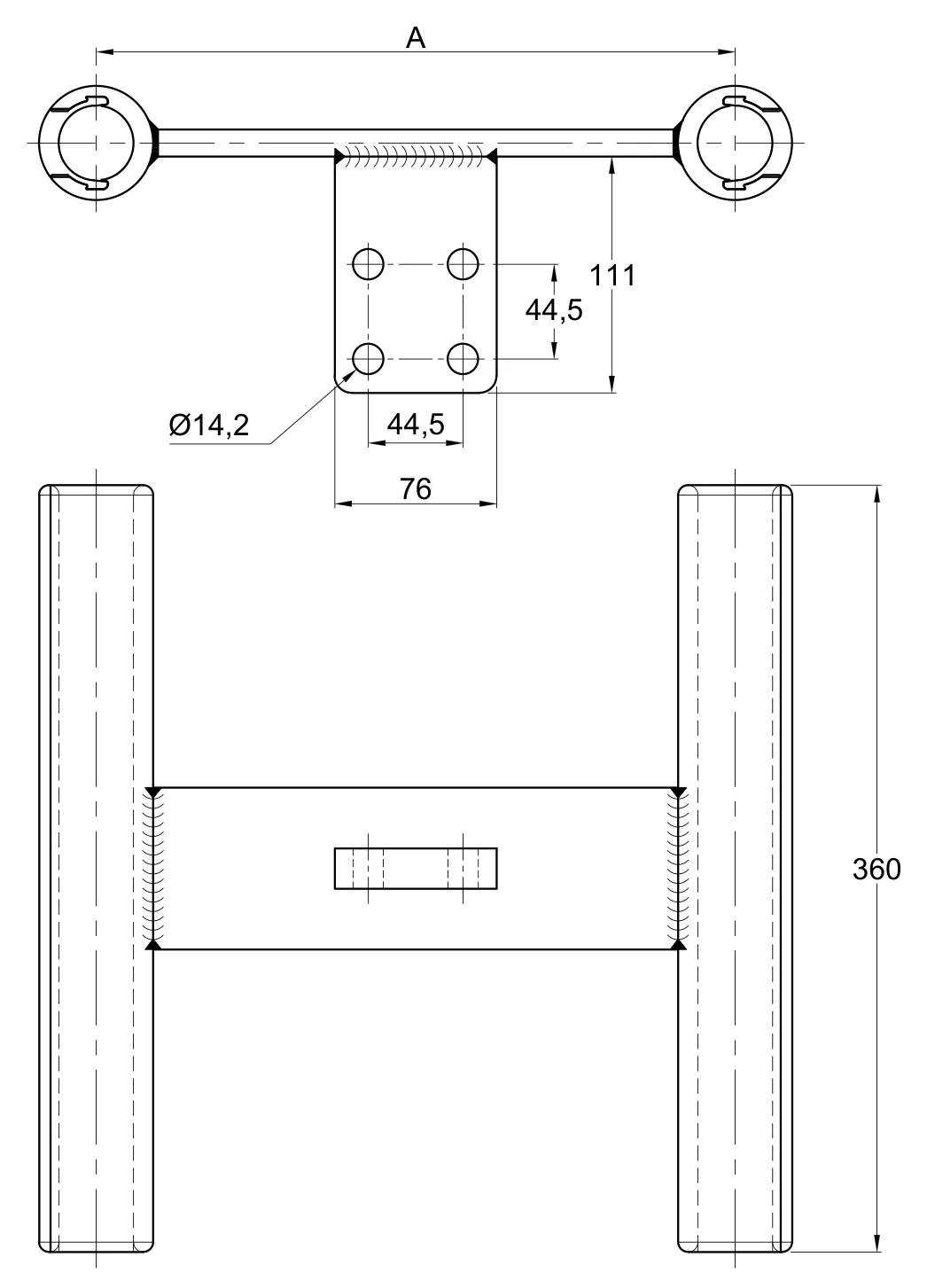 Plano 2D — Conector "T" a compresion dos cables 1113 ACSR/AS separación de conductores 200 o 450 mm a placa 4N tapa delizable