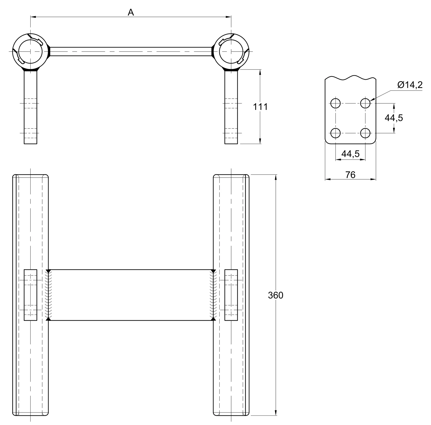 Plano 2D — Conector "T" a compresión dos cables 1113 ACSR/AS separación de conductores 200 o 450 mm a doble placa 4N tapa deslizable