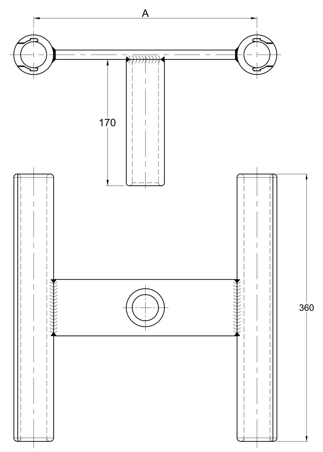 Plano 2D — Conector "T" a compresión dos cables 1113 ACSR/AS a un cable 1113 ACSR/AS separación de conductores 200 o 450mm tapa deslizable