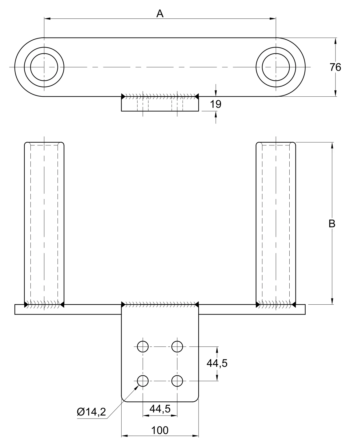 Plano 2D — Conector zapata a compresión dos cables 795-1113 ACSR/AS separación de conductores 200 o 450 mm a placa 4N tapa deslizable