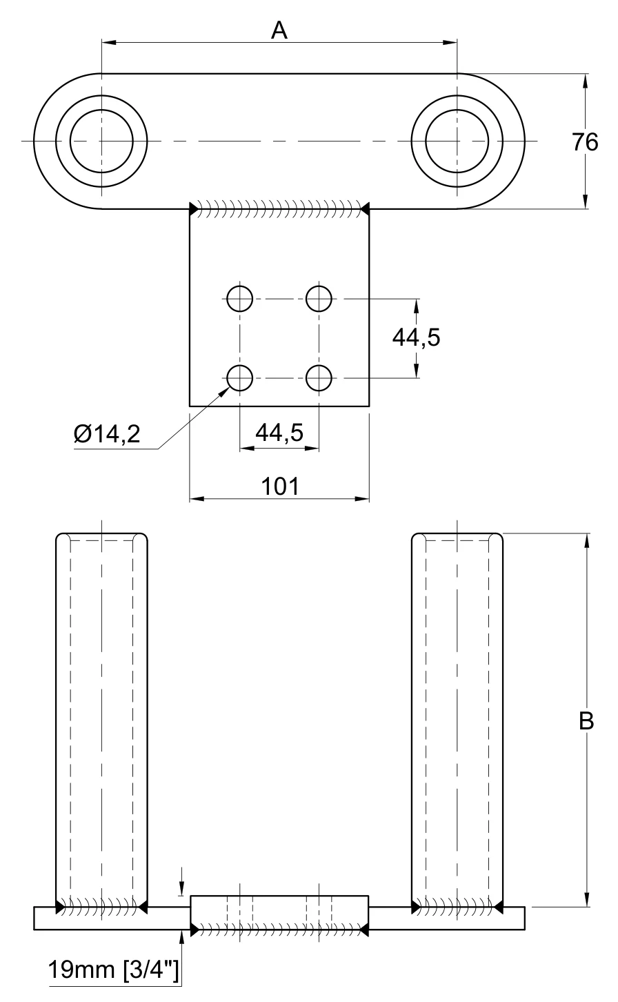 Plano 2D — Conector zapata a compresión dos cables 795-1113 ACSR/AS separación de conductores 200 o 450 mm a placa 4N a 90°