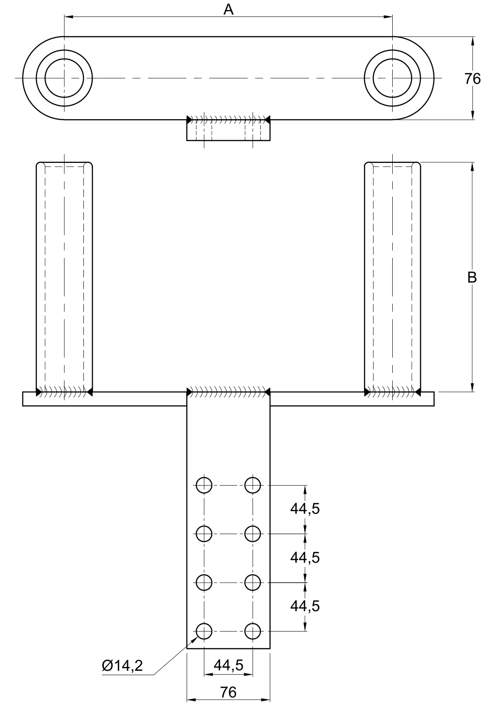 Plano 2D — Conector zapata a compresión dos cables 1113 ACSR/AS separación de conductores 200 o 450 mm a placa 8N