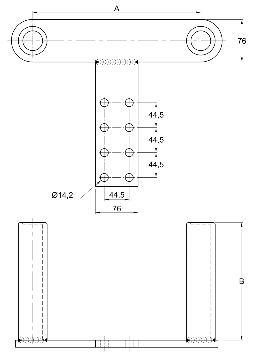 Plano 2D — Conector zapata a compresión dos cables 1113 ACSR/AS separación de conductores 200 o 450 mm a placa 8N a 90°