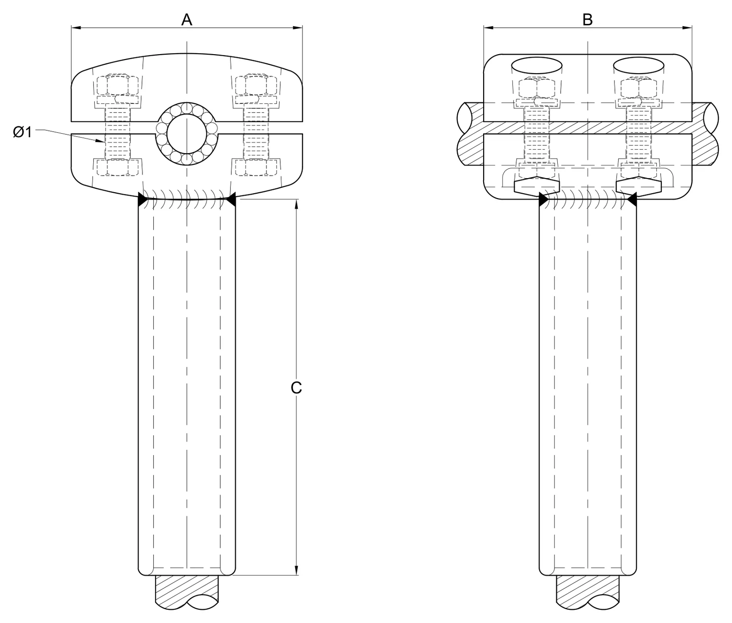 Plano 2D — Conector mecánico derivador un cable 795-1113 ACSR/AS a unión compresión cable 795-1113 ACSR/AS EAT