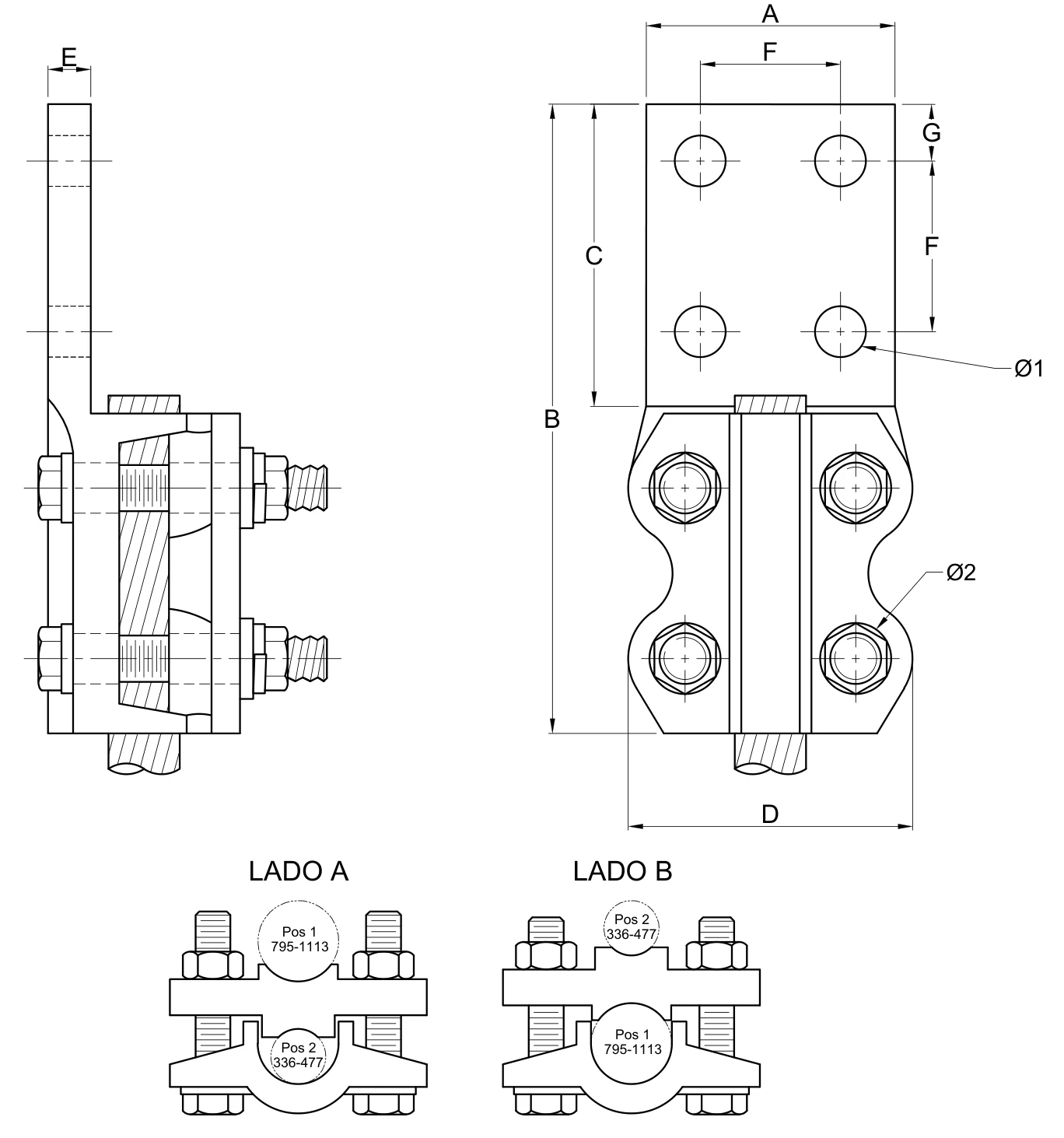 Plano 2D — Conector mecánico terminal zapata 4 NEMA