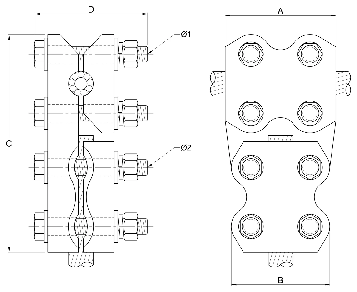 Plano 2D — Conector mecánico tipo "T"