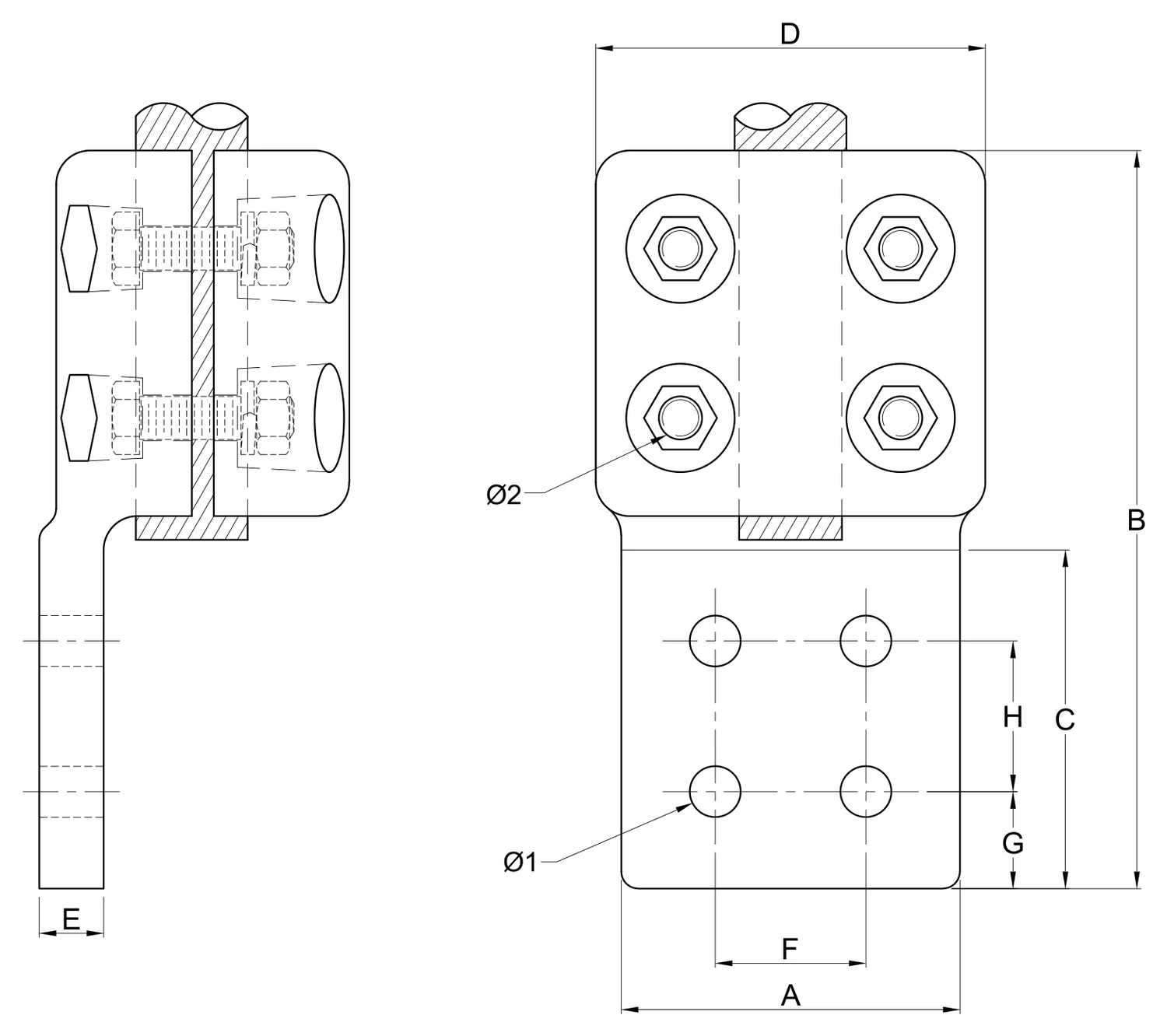 Plano 2D — Conector zapata recta mecánica cable 1113 ACSR/AS a placa 4N EAT