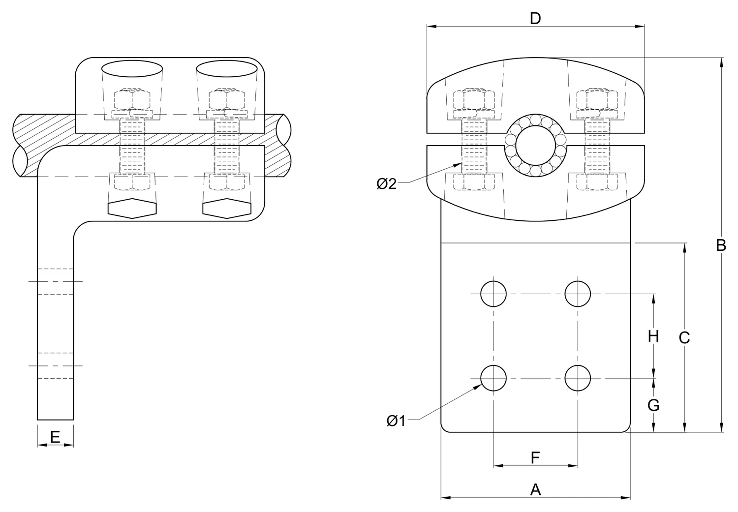 Plano 2D — Conector zapata a 90° mecánica cable 795-1113 ACSR/AS a placa 4N EAT