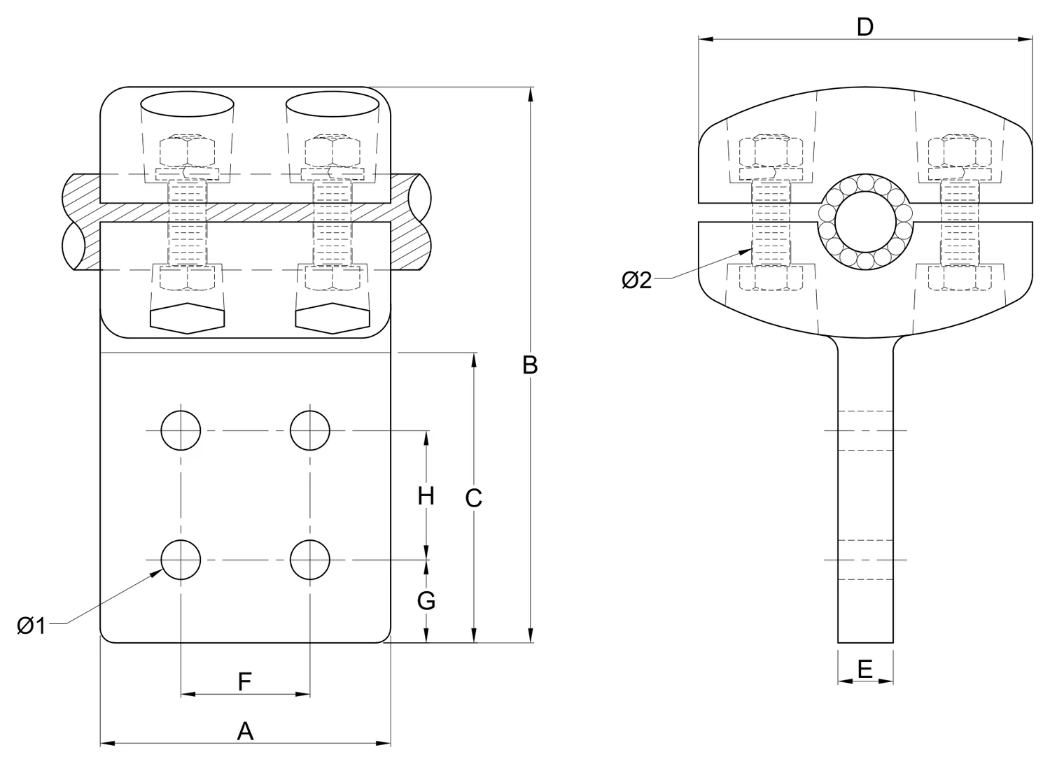 Plano 2D — Conector derivador mecánico cable 477-795-1113 ACSR/AS a placa 4N EAT