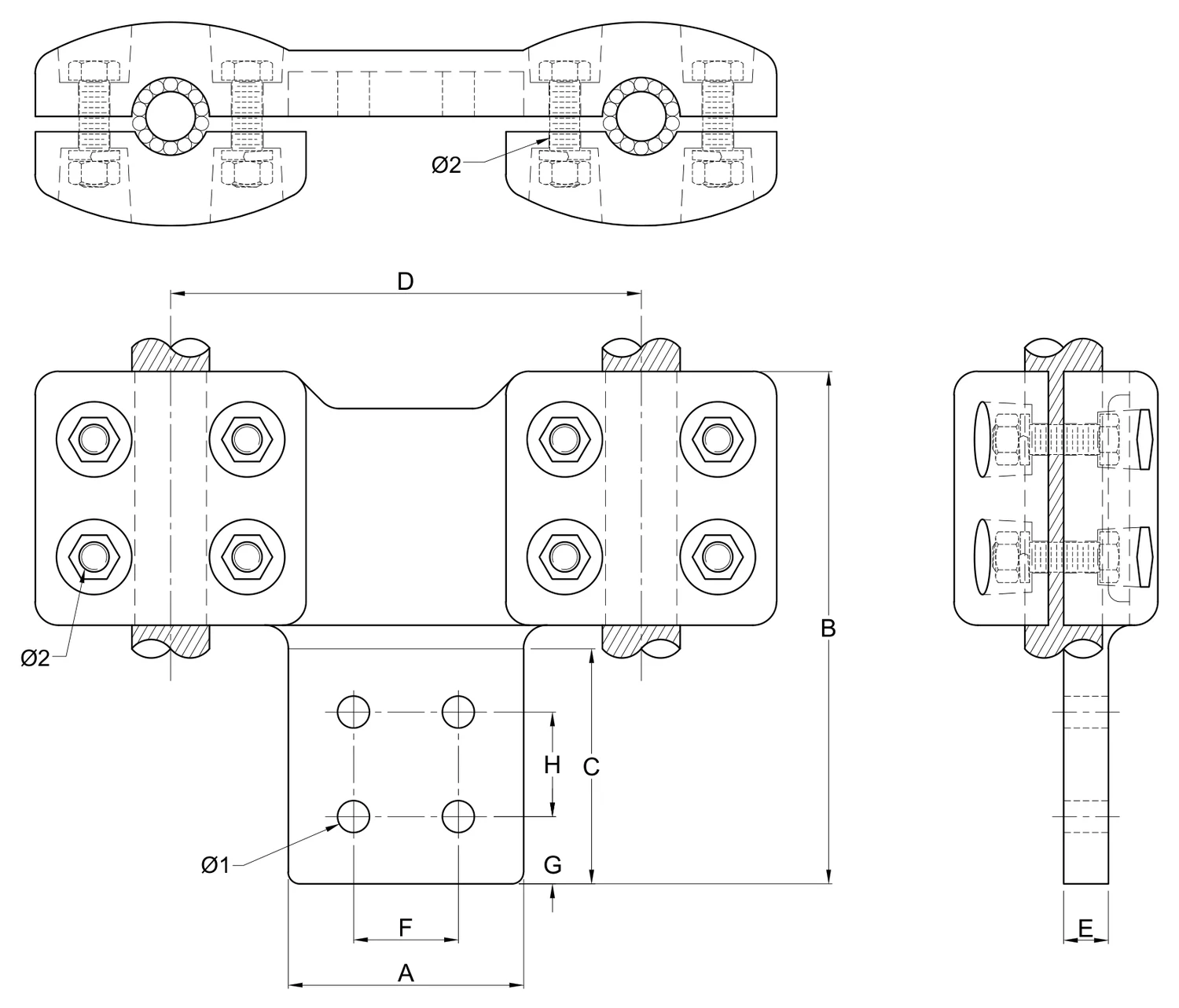 Plano 2D — Conector zapata recta mecánica dos cables 1113 ACSR/AS separación de conductores 200 o 450 mm a placa 4N EAT