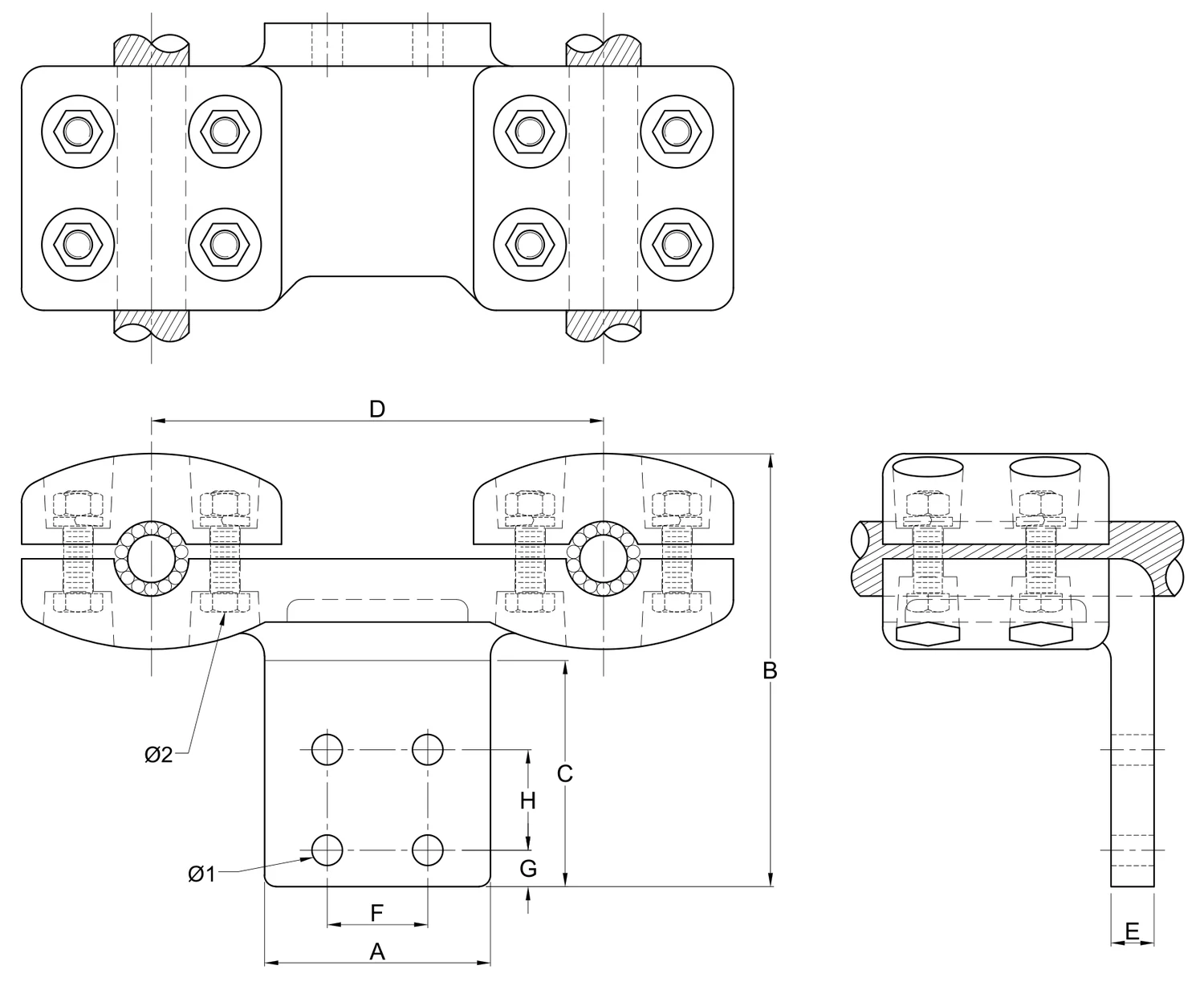 Plano 2D — Conector zapata a 90° mecanica dos cables 1113 ACSR/AS separación de conductores de 200 o 450 mm a placa 4N EAT