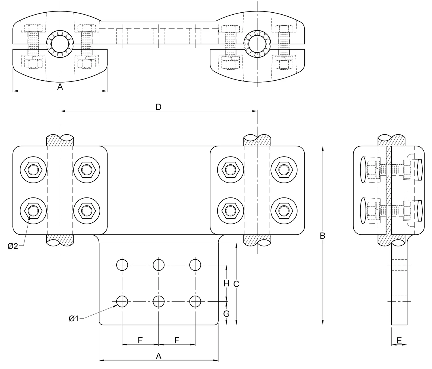 Plano 2D — Conector zapata recta mecánica dos cables 1113 ACSR/AS separación de conductores 200 o 450 mm a placa 6N EAT 230-400 KV