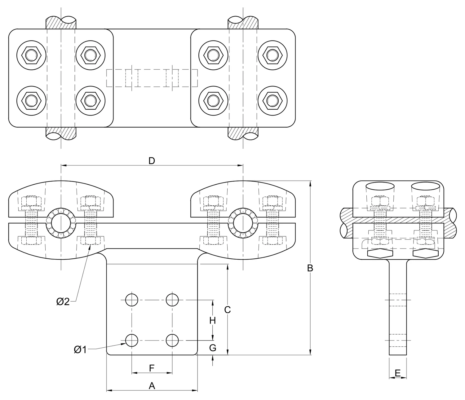 Plano 2D — Conector "T" mecánico dos cables 1113 ACSR/AS separación de 200 o 450 mm a placa 4N EAT