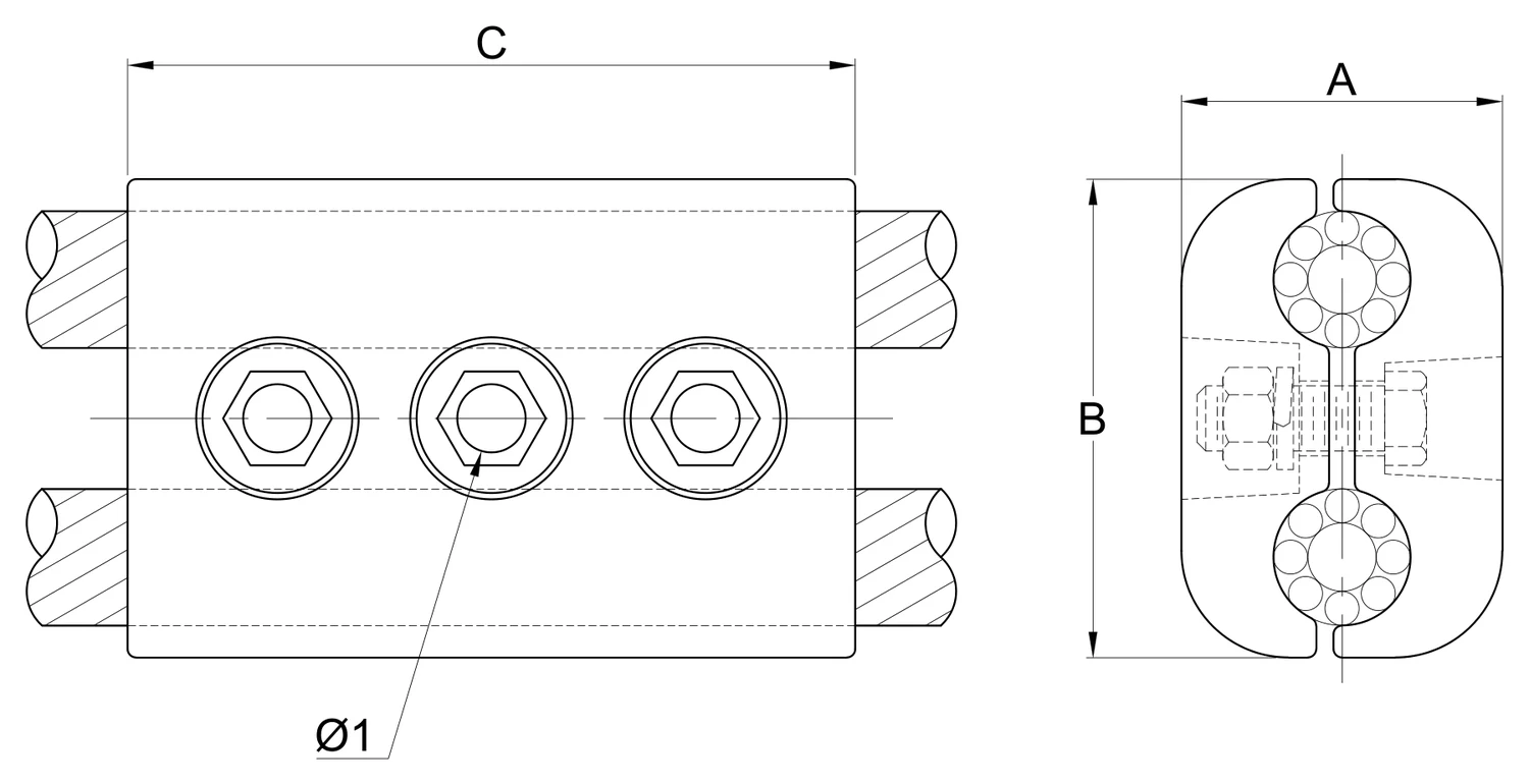 Plano 2D — Conector paralelo de cables 477-795-1113 ACSR 400 KV