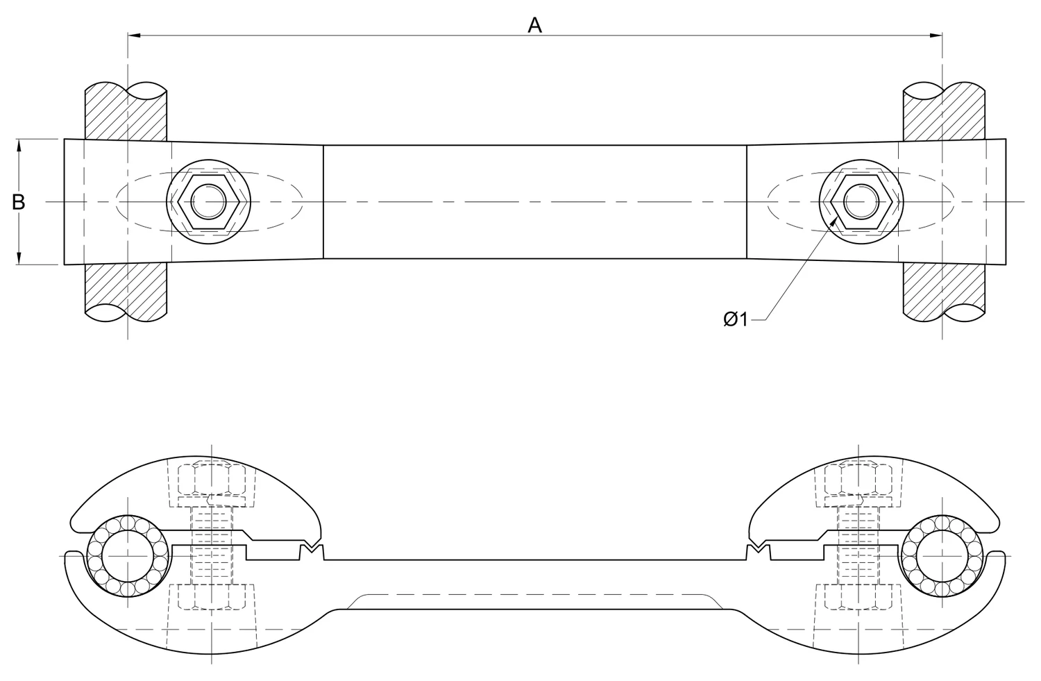 Plano 2D — Conector separador mecánico dos cables 1113 ACSR/AS separación 200 o 450 mm