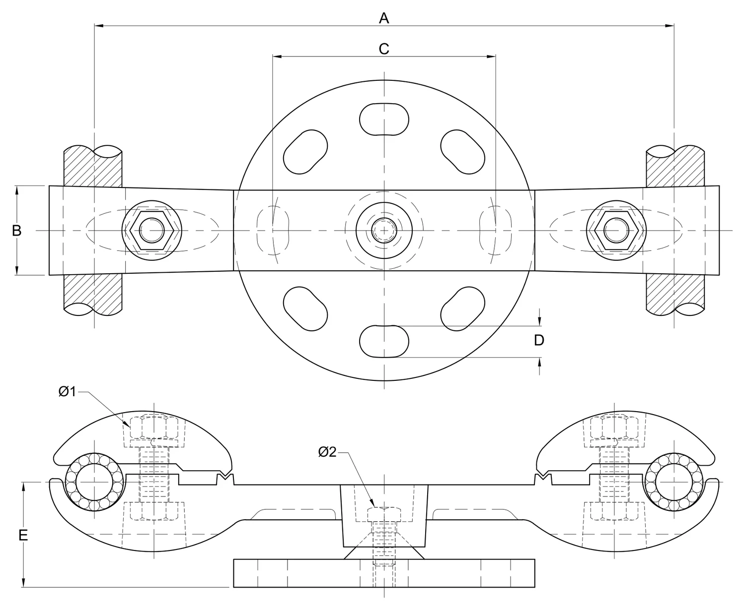 Plano 2D — Conector soporte mecánico dos cables 1113 ACSR/AS separación 200 o 450 mm a base tipo aislador de 3" y 5"