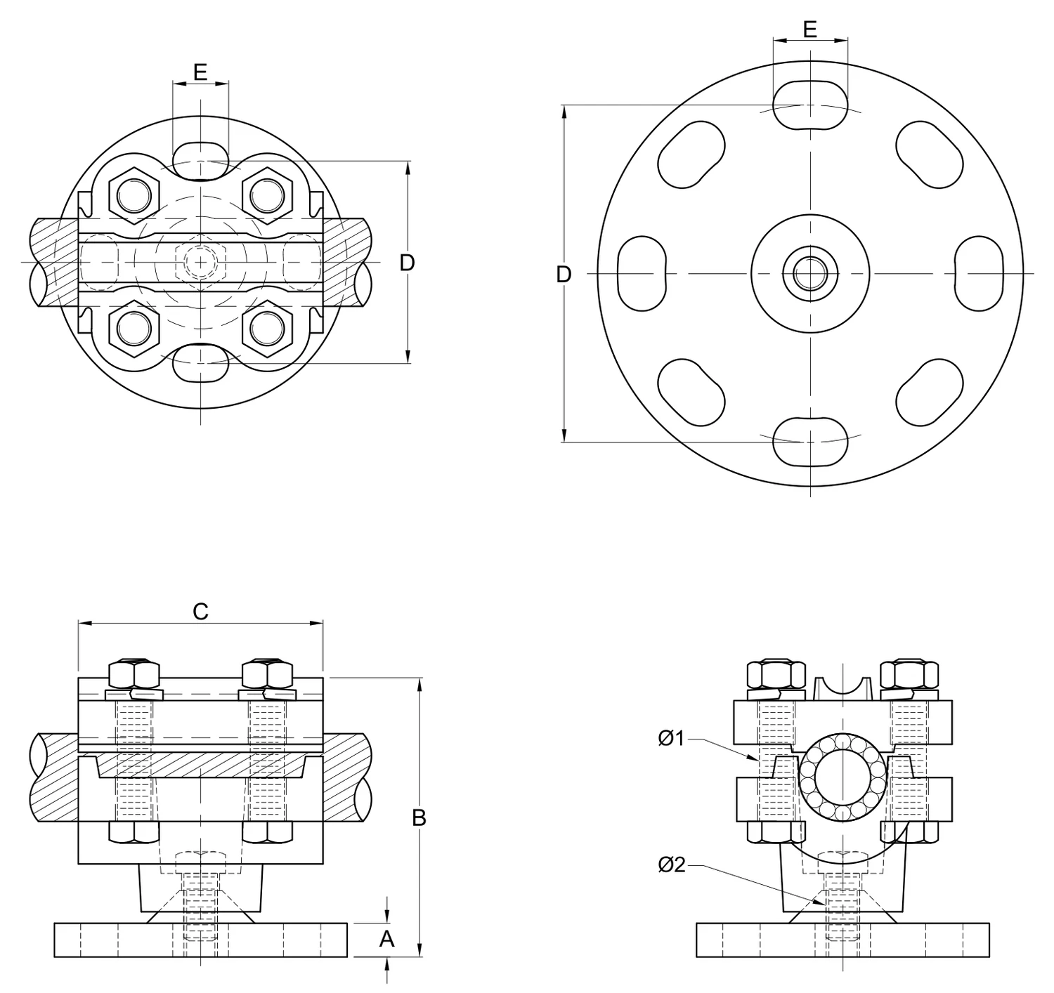 Plano 2D — Conector soporte mecánico sencillo un cable 1113 ACSR/AS a base tipo aislador de 3" y 5"