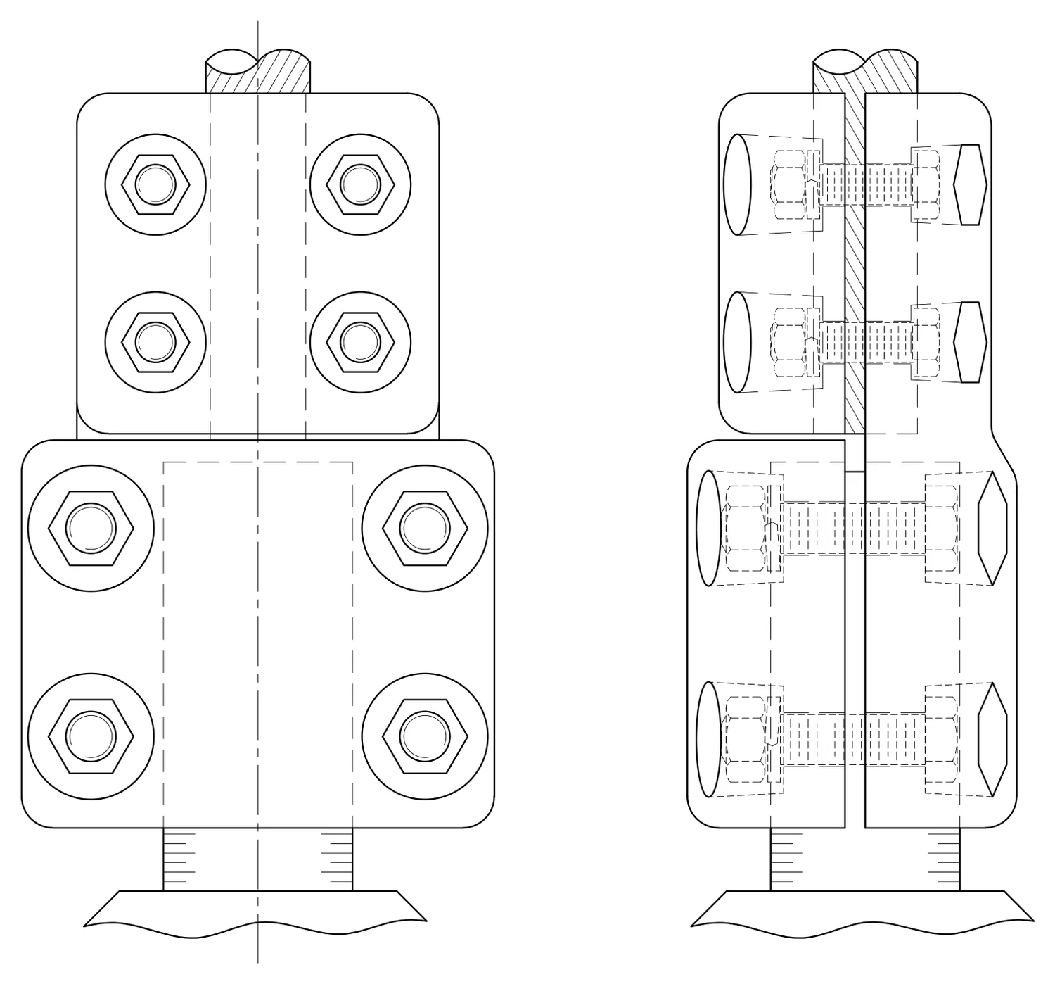 Plano 2D — Conector mecánico autotransformador recto de birlo liso a un cable 1113 ACSR/AS EAT