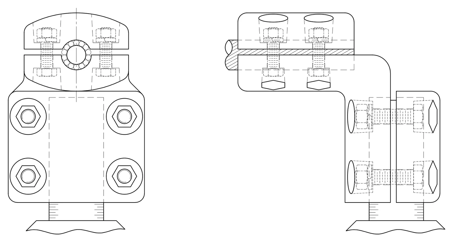 Plano 2D — Conector mecánico autotransformador a 90° de birlo liso a un cable 1113 ACSR/AS EAT