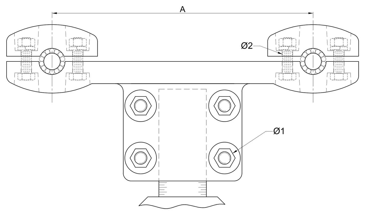 Plano 2D — Conector mecánico autotransformador a 90° de birlo liso a dos cables 1113 ACSR/AS EAT
