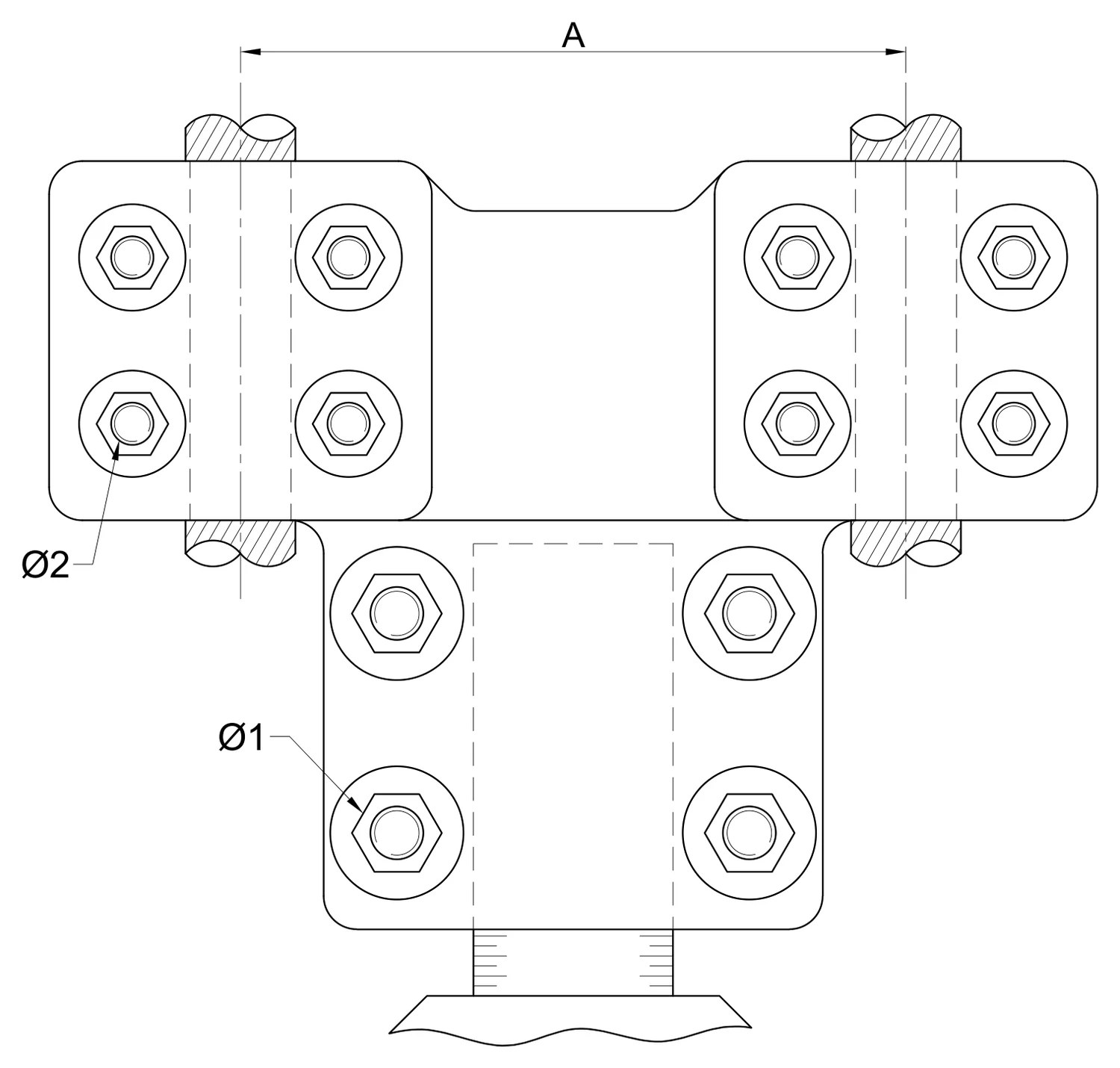 Plano 2D — Conector mecánico autotransformador de birlo liso a dos cables 1113 ACSR/AS EAT
