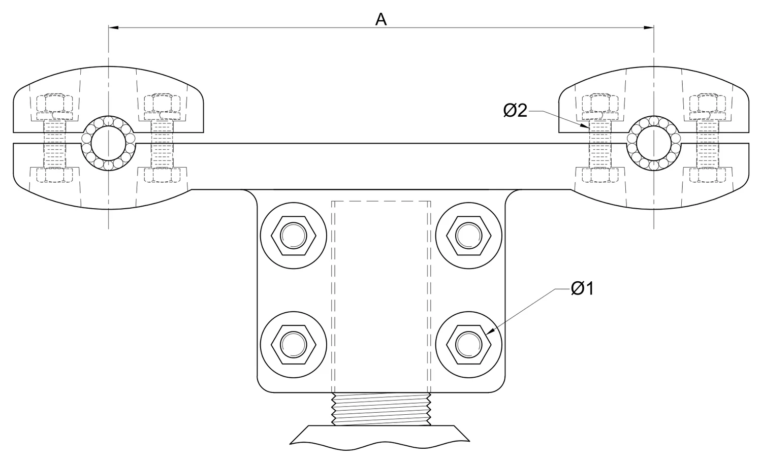 Plano 2D — Conector mecánico autotransformador a 90° de birlo roscado a dos cables 1113 ACSR/AS EAT