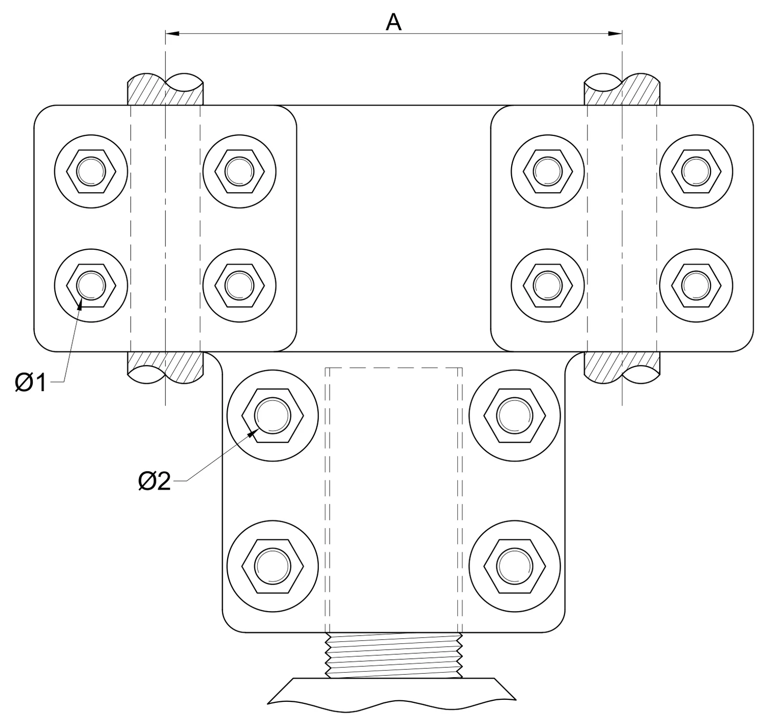 Plano 2D — Conector mecánico autotransformador de birlo roscado a dos cables 1113 ACSR/AS EAT