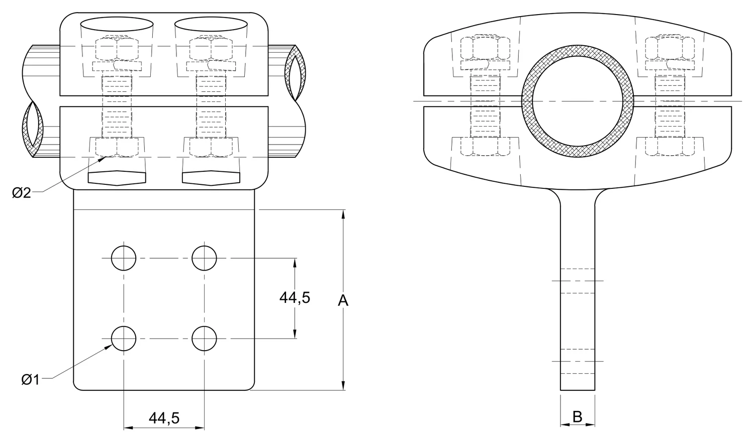 Plano 2D — Conector derivador mecánico tubo de 1 1/4 hasta 6 IPS a placa 4N EAT