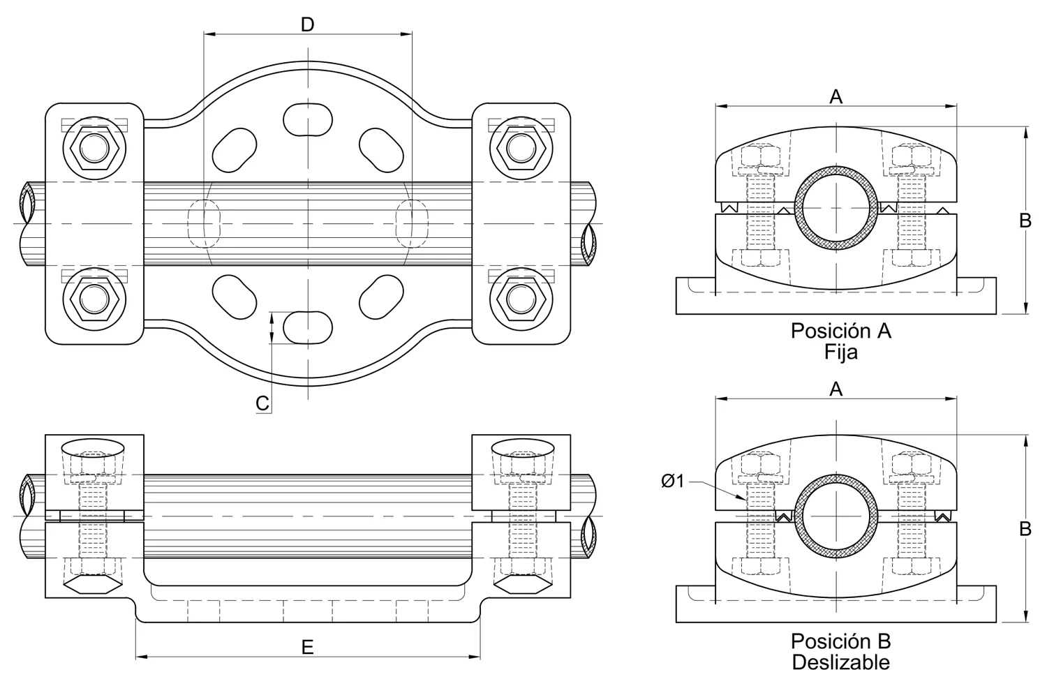 Plano 2D — Conector soporte mecánico doble, un tubo IPS de 1 hasta 6 a base tipo aislador de 3" o 5"