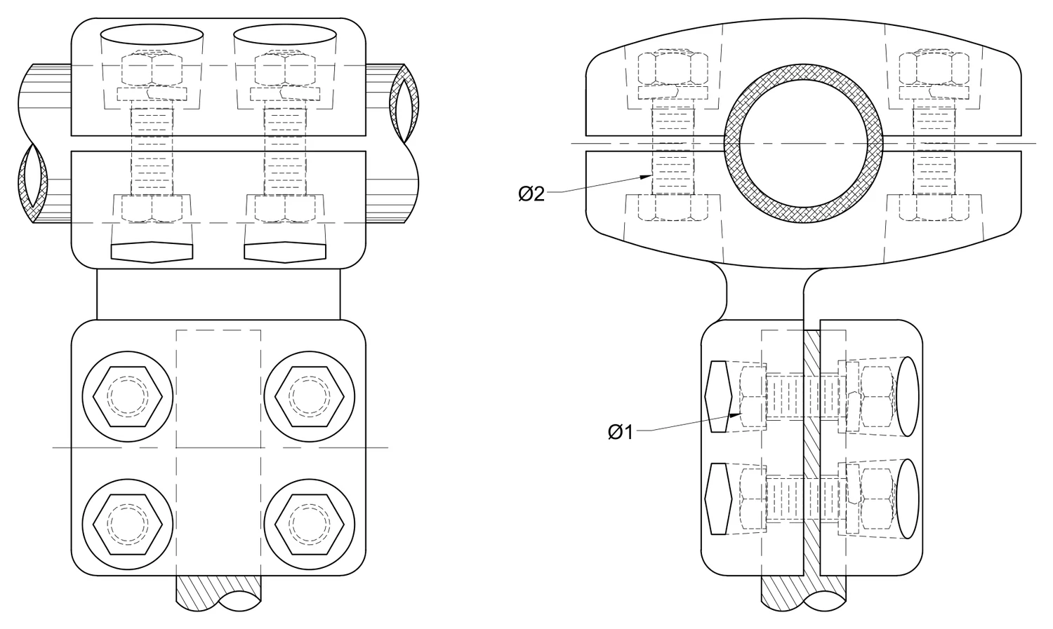 Plano 2D — Conector derivador mecánico revirado tubo de 2 hasta 6 IPS a cable 795-1113 ACSR/AS EAT 230-400 KV