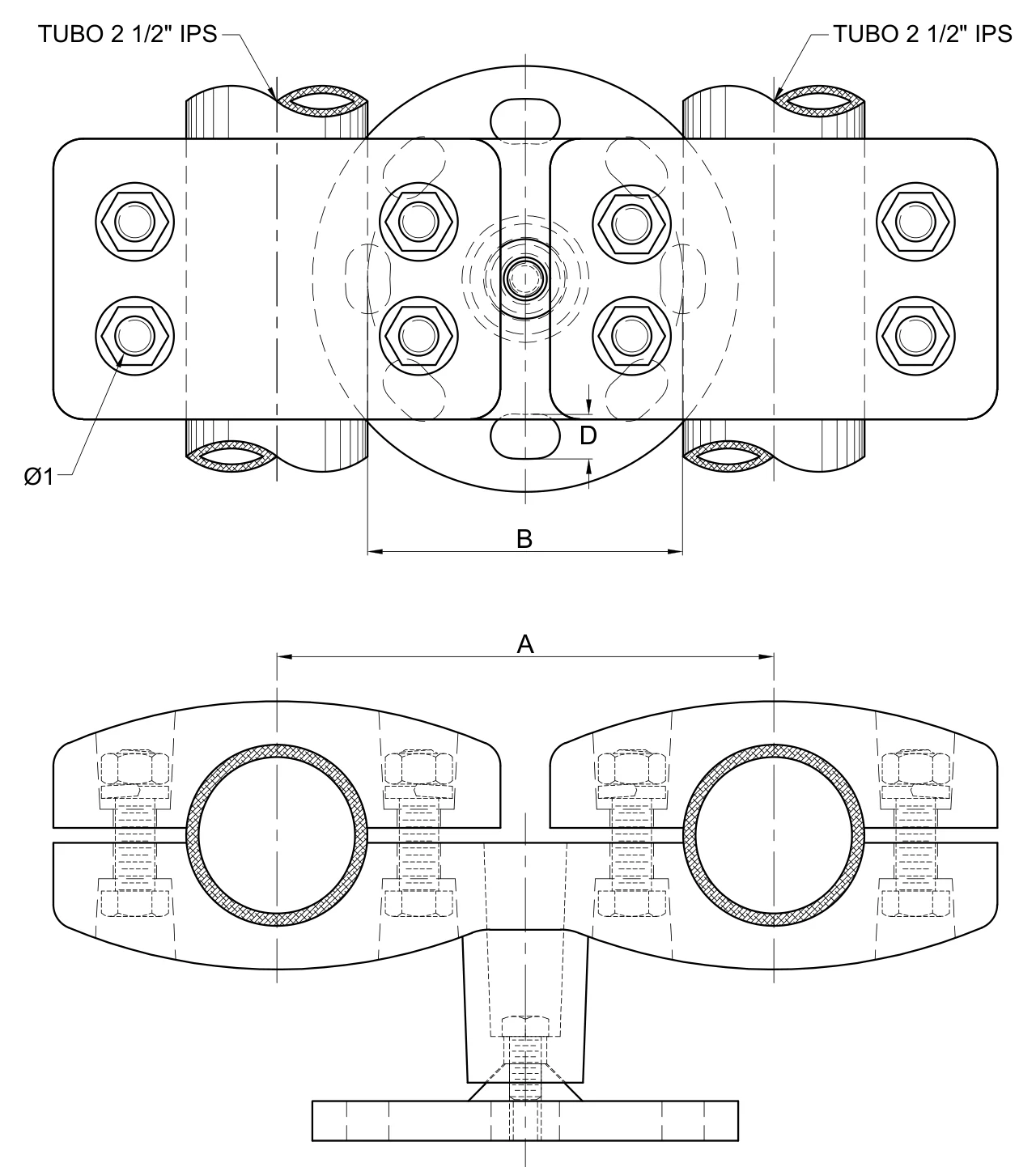 Plano 2D — Conector soporte mecánico 200 mm 2 1/2 IPS base tipo aislador 5" 400 KV