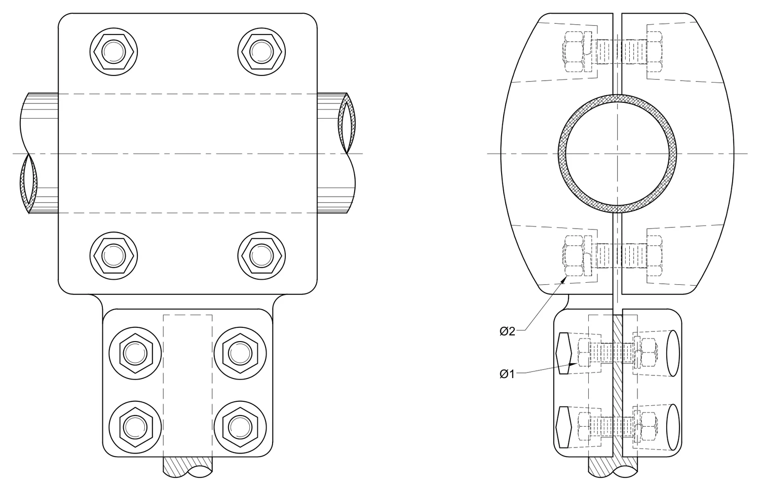 Plano 2D — Conector derivador mecánico tubo de 2 hasta 6 IPS a cable 795-1113 ACSR/AS EAT 230-400 KV