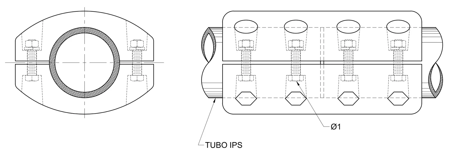 Plano 2D — Conector cople mecánico de aluminio tubo IPS EAT