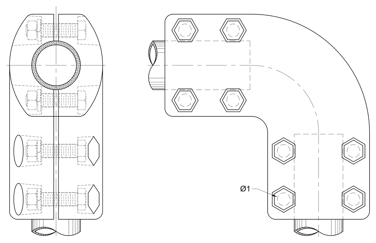 Plano 2D — Conector cople mecánico tipo codo 90° tubo IPS EAT