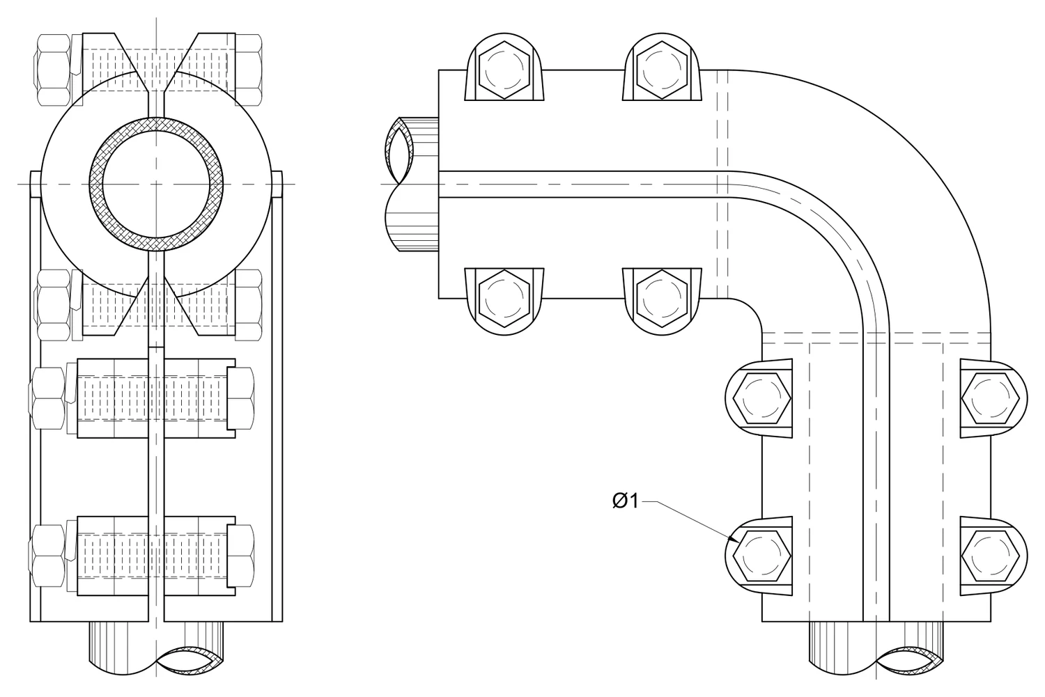 Plano 2D — Conector cople mecánico tipo codo 90° tubo-tubo IPS