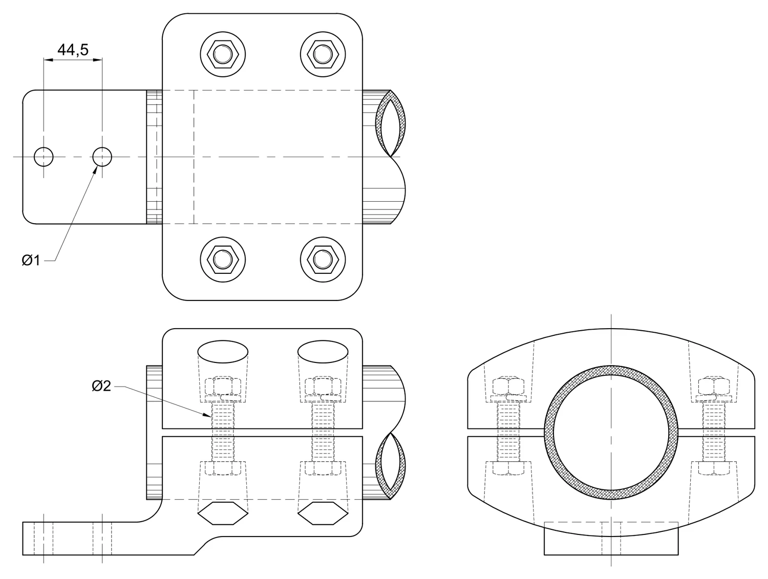 Plano 2D — Conector zapata mecánico tubo de 2 hasta 6 IPS a placa 2N EAT