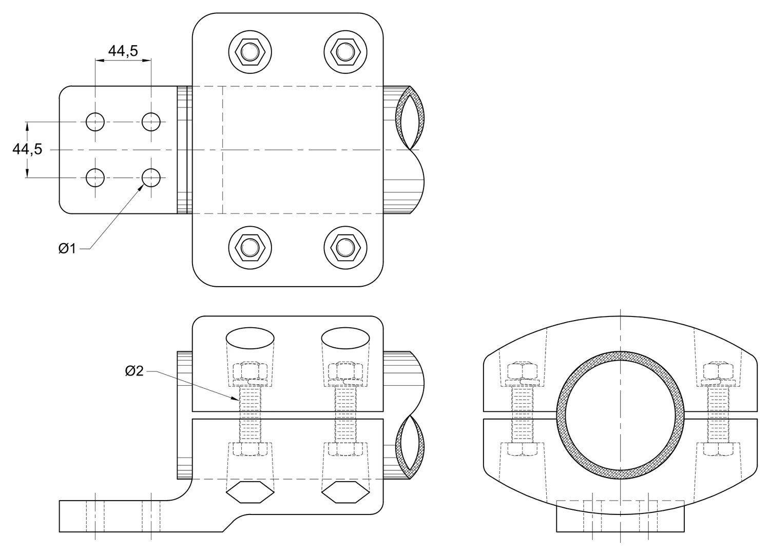 Plano 2D — Conector zapata mecánico tubo de 2 hasta 6 IPS a placa 4N EAT