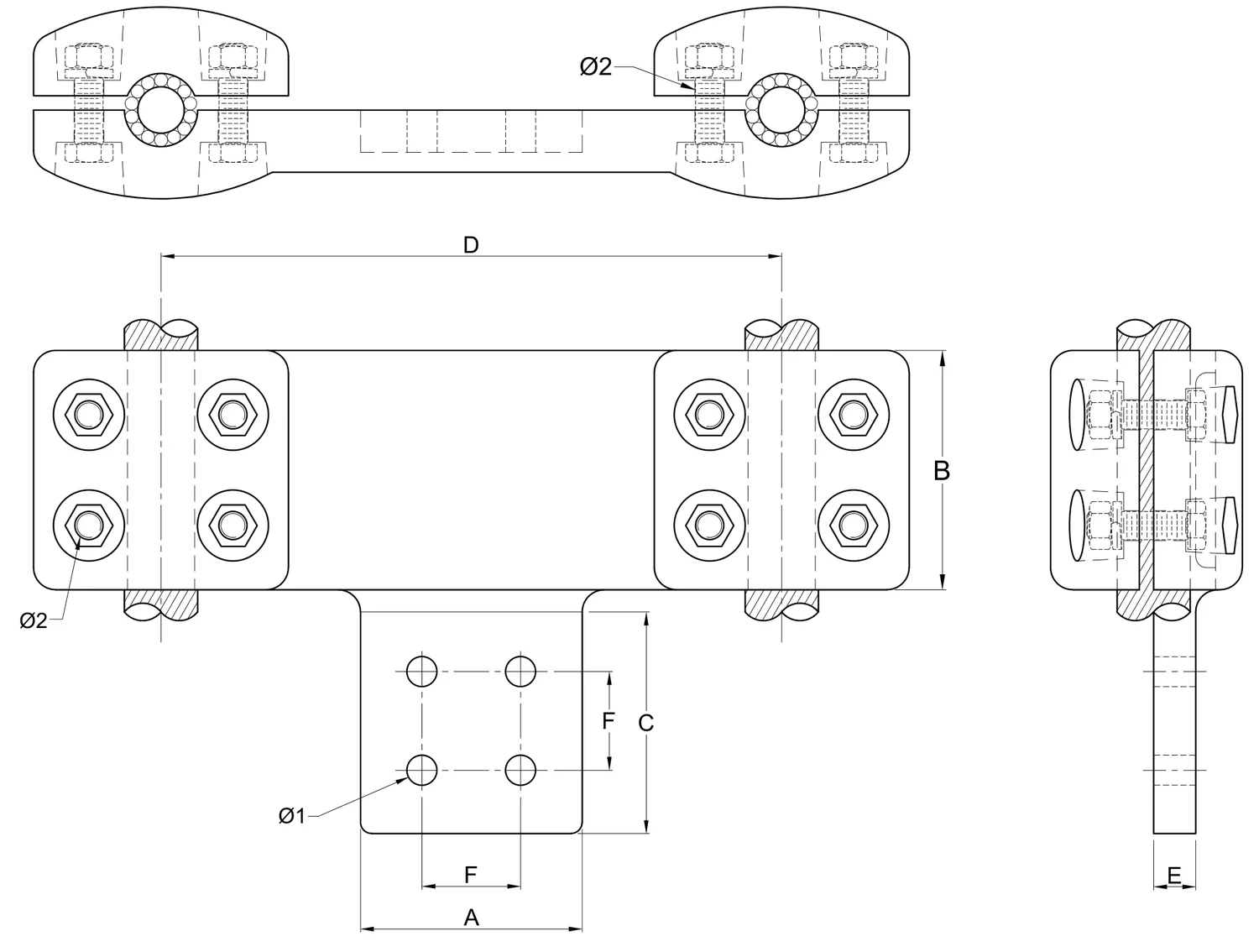 Plano 2D — Conector mecánico tipo "T" cable 1113 ACSS separación de conductores 200 o 450 mm a placa 4N EAT Alta Temperatura