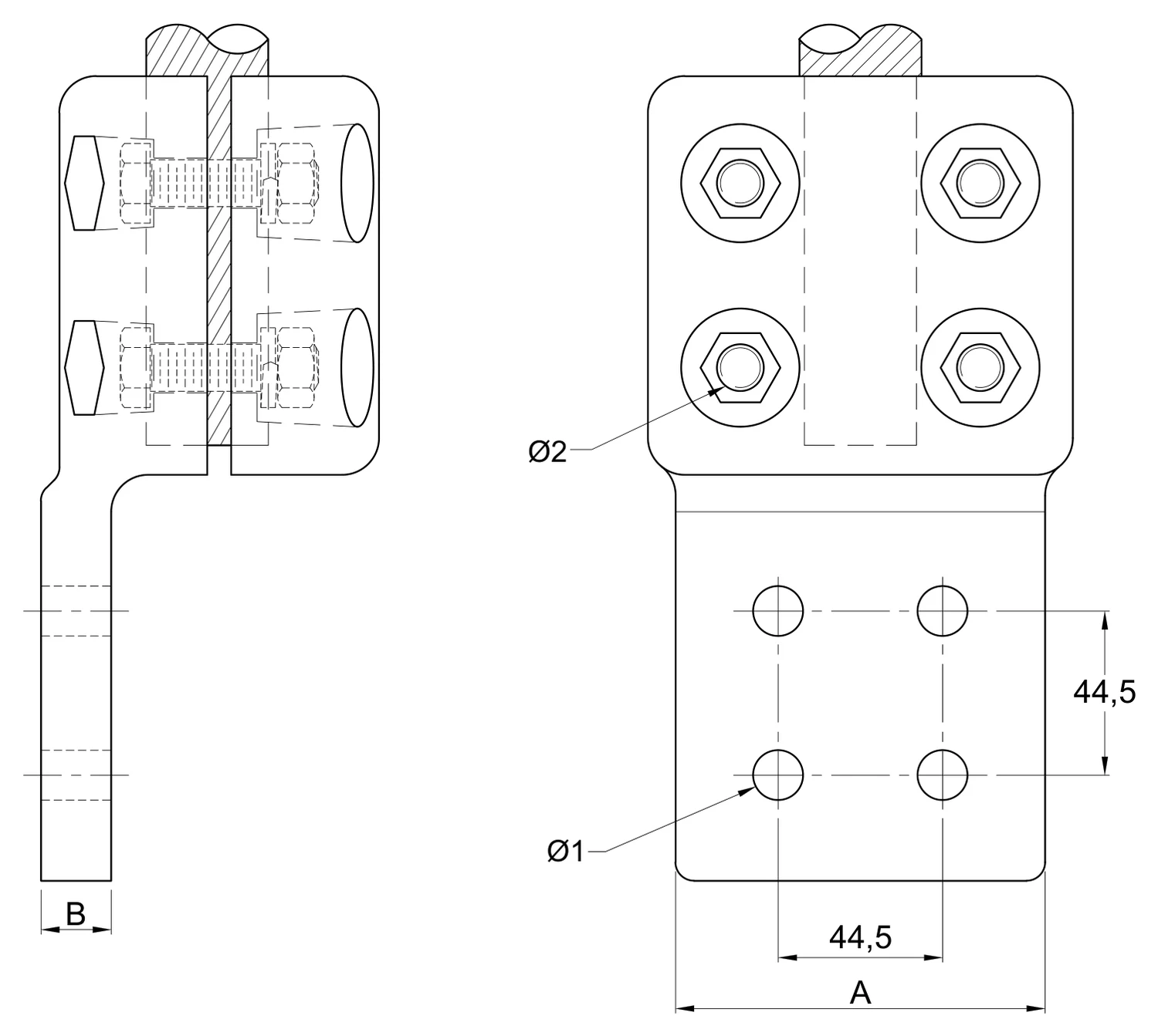 Plano 2D — Conector mecánico terminal zapata NEMA 4 EAT cable 1113 ACSS 400 KV Alta Temperatura