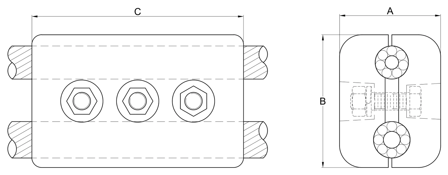 Plano 2D — Conector paralelo extra alta tensión, cables 1113 ACSS Alta Temperatura