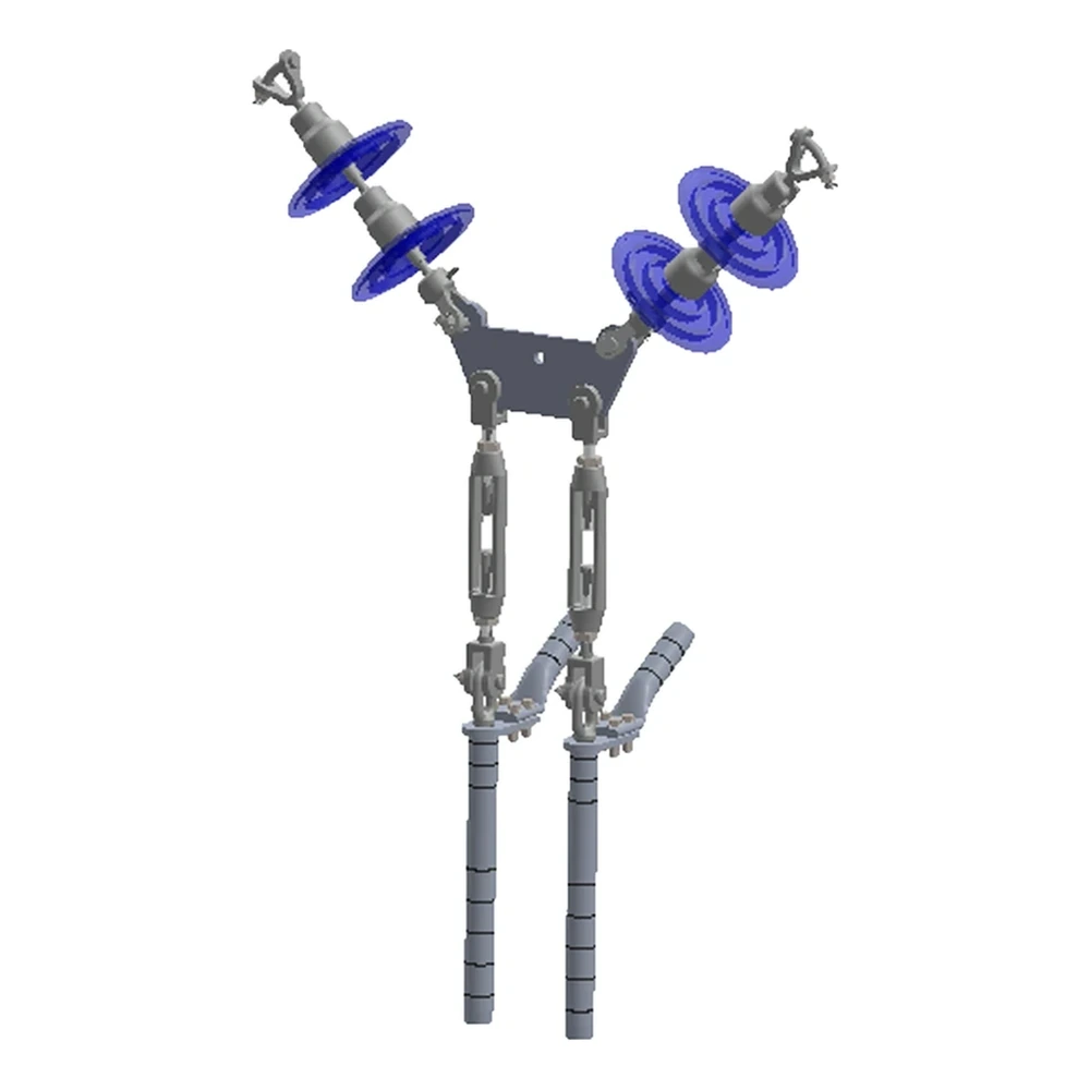 Conjunto de tensión en "V" 2 C/F con doble cadena de aisladores con tensores, Yugo trapezoidal conductores 477, 795, 900, 1113 ACSR, 115-230 KV