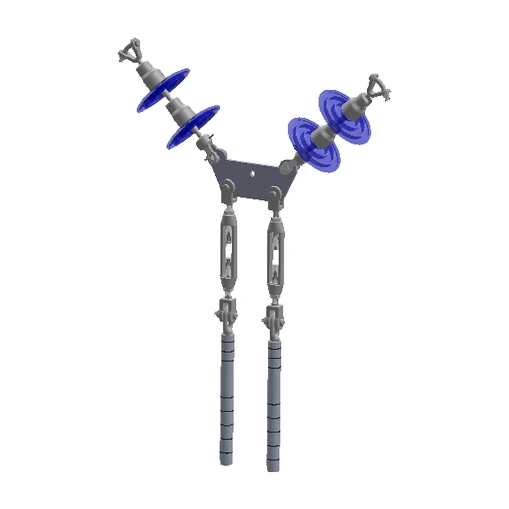 Conjunto de remate ciego en "V" 2 C/F con doble cadena de aisladores con tensores, Yugo Trapezoidal conductores 477, 795, 900, 1113 ACSR, 115-230 KV
