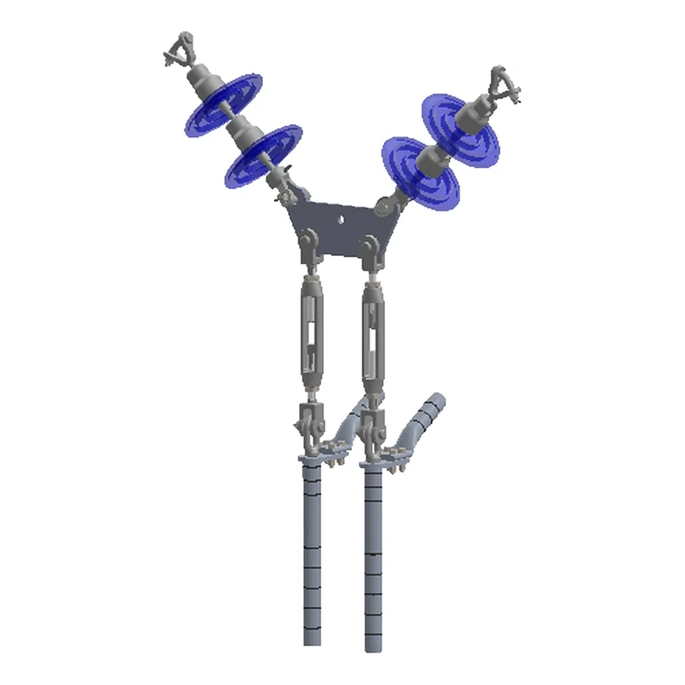 Conjunto de tensión en "V" 2 C/F con doble cadena de aisladores con tensores, Yugo trapezoidal conductor 1113 ACSS, 230 KV (alta temperatura)
