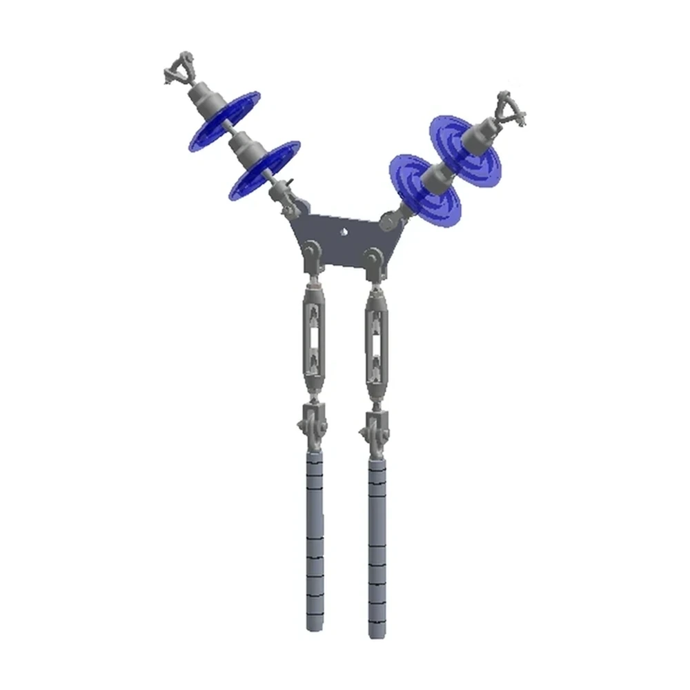 Conjunto de remate ciego en "V" 2 C/F con doble cadena de aisladores con tensores, Yugo trapezoidal conductor 1113 ACSS, 230 KV (alta temperatura)