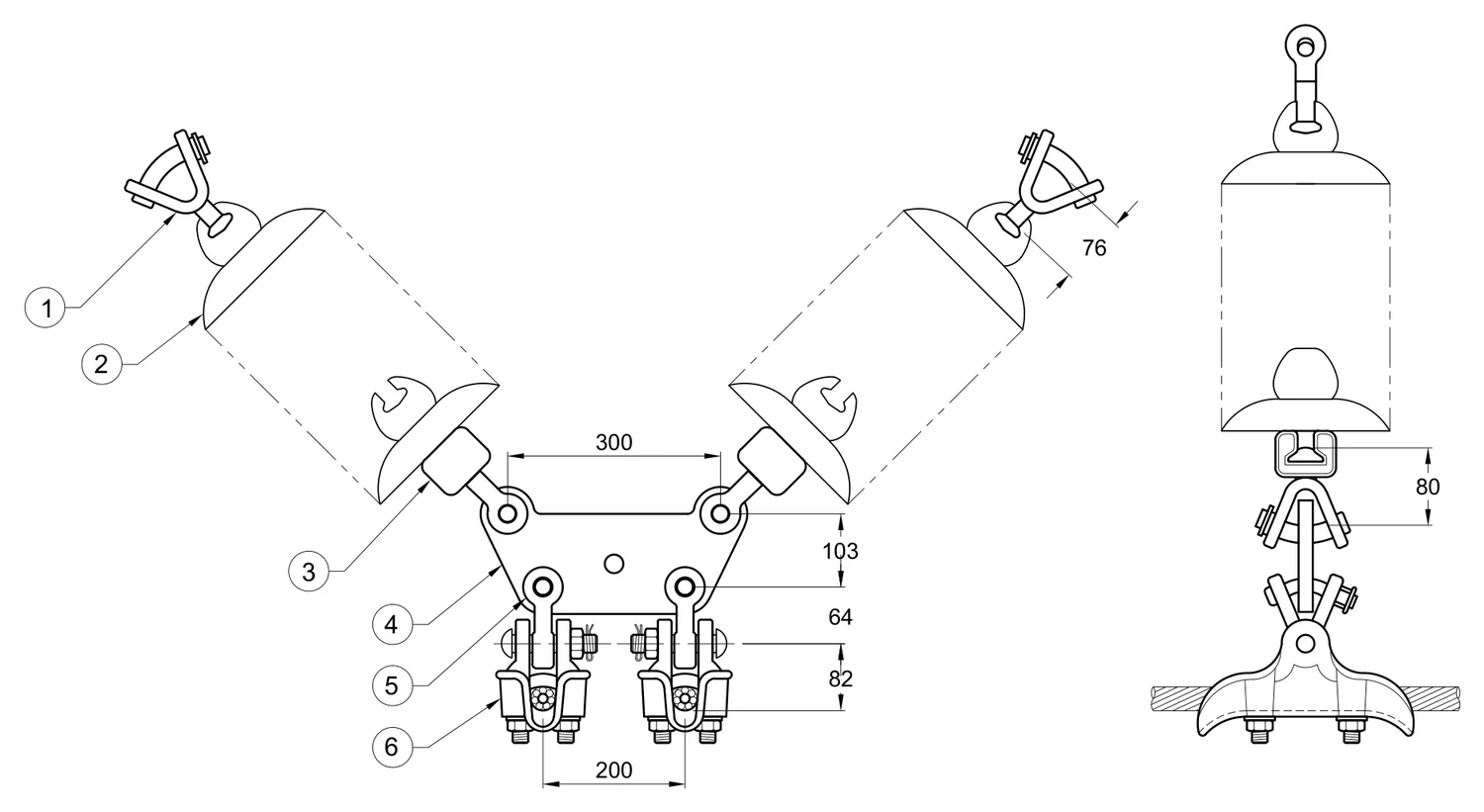 Plano 2D — Conjunto de suspensión en "V" 2 C/F 795 1113 ACSR 115-230 KV Yugo trapezoidal