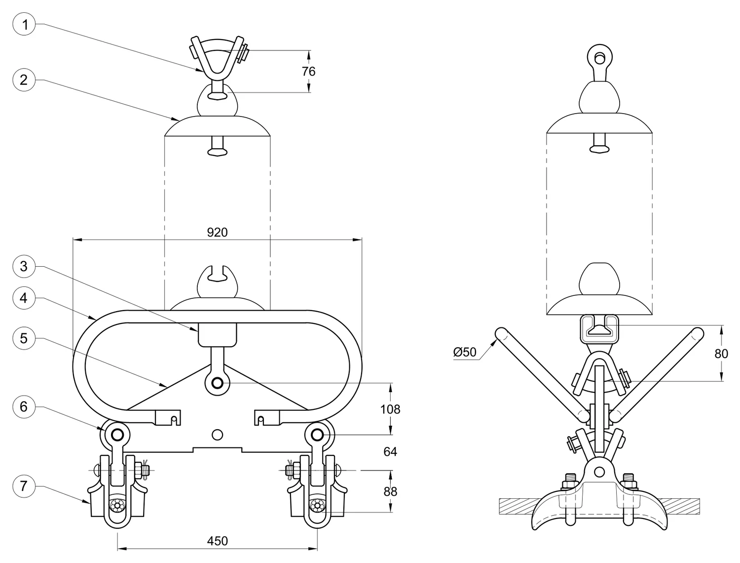 Plano 2D — Conjunto de suspensión vertical 2 C/F 1113 ACSR 400 KV